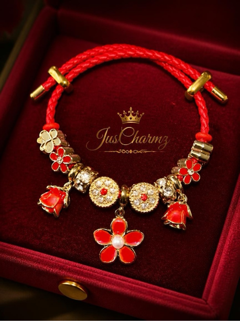 Red Enamel Flower Charm Bracelet